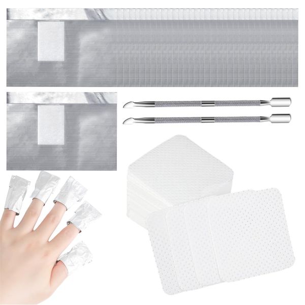 602 Pcs Foil Nail Wraps Set with Cotton Pads and Dual Tool Cuticle Pusher, Nail Foils for Gel Nails with Pre-attached Lint-Free Cotton Pads, Nail Foil Aluminium Wraps Remover for Home and Salon Use