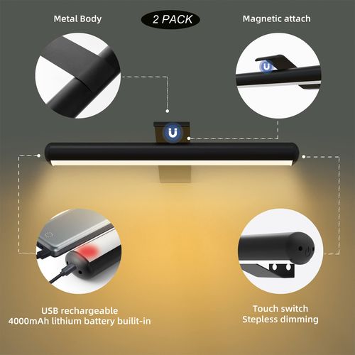 2pack Picture Lights Rechargeable with Remote,Battery Painting Light for Artwork Display Full Metal 3 CCT, Brightness Dimmable & Timer, Black Picture Light for Wall Paintings Frame Dartboard Indoor