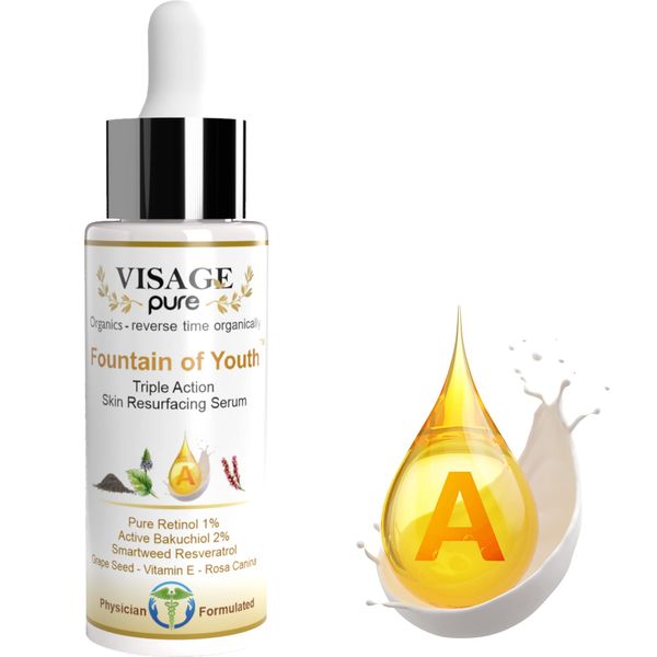 Visage Pure Fountain of Youth Serum - Organic, Toxin-Free Skin Serum with Retinol, Bakuchiol, Resveratrol, Vitamin E for Resurfacing, Toning, and Wrinkle Repair