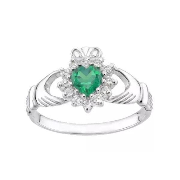 Sterling Silver Emerald Claddagh Ring - size J to U (P)