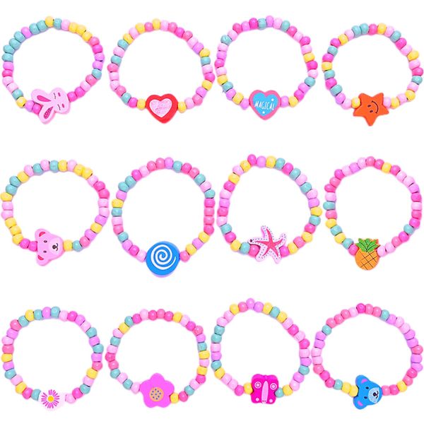 Yeefunjoy 12 Wooden Beaded Friendship Bracelets for Girls, Colourful Wooden Bracelets Set, Wooden Beaded Children Bracelets, Little Princess Party Bag Fillers Gift for Kids Party