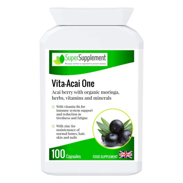 Immune System Support Acai Berry Organic Moringa, Vitamins and Minerals, with Vitamin B6 and Zinc 100 Capsules Food Supplement Suitable for Vegetarian and Vegans.