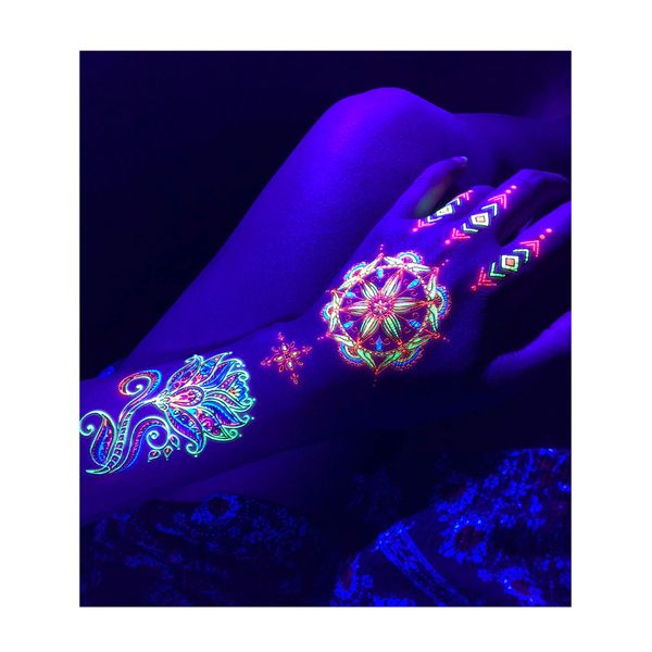 Temporary Tattoos for Glow Party UV Blacklight – 1 Sheet Lotus Floral Body Paint Art Light Festival Accessories Glow in the Dark Makeup | 7.2” x 5.2” Temp Great for EDM EDC Party Rave Parties