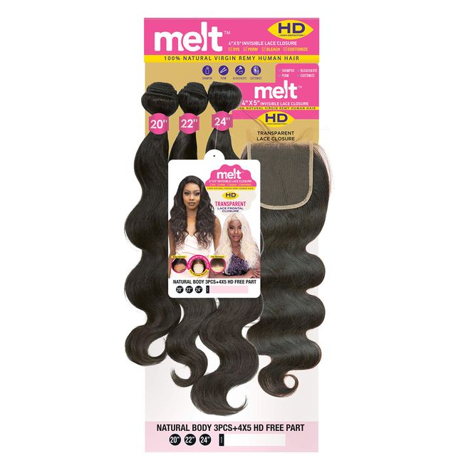 Janet melt 4x5 Invisible Lace Closure HD Free Part Transparent Lace Frontal Closure Natural Virgin Remy Human Hair MELT CLOSURE NATURAL BODY 3PCS (10"12"14", 613L)