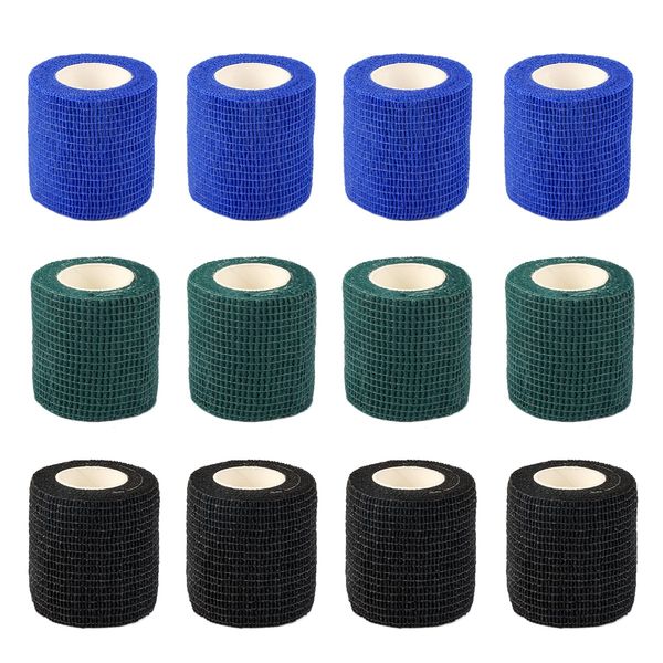 12 Rollen Einweg Tattoo Griff Abdeckung Wrap, Tattoo Grip Tape, Tattoo Stift Zubehör, Selbsthaftende Bandage für Maschine, Finger Verband Haftbandage Fixierbinde (Schwarz, Blau, Cyan, 4 5cm x 4.5m)