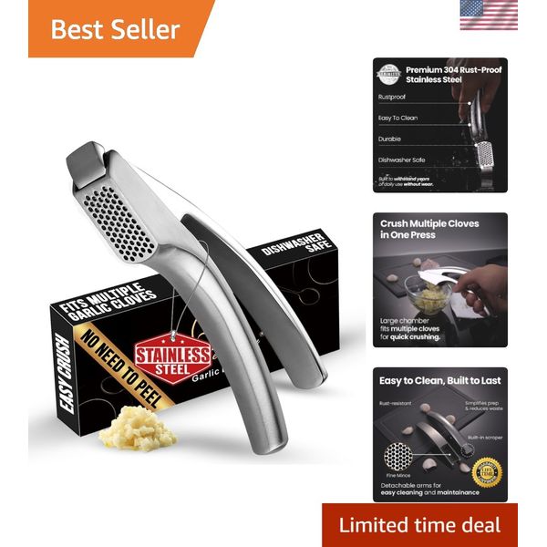 No Peeling Required Stainless Steel Garlic Press - Effortless Mincing Tool