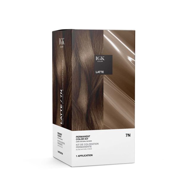 IGK Permanent Color Kit LATTE - Dark Natural Blonde 7N | Easy Application + Strengthen + Shine | Vegan + Cruelty Free + Ammonia Free | 4.75 Oz