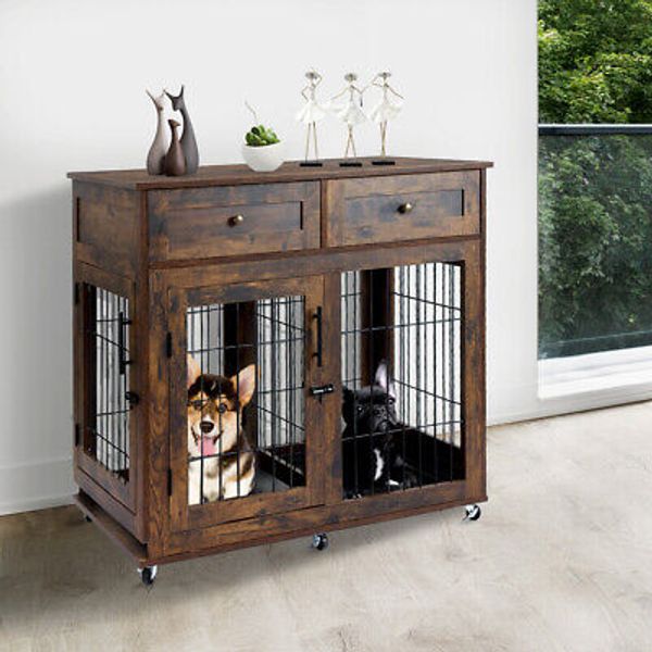 Dog Crate Furniture 39.4" Dog Kennel End Table w/ Wheels 2 Drawer Dog Cage House