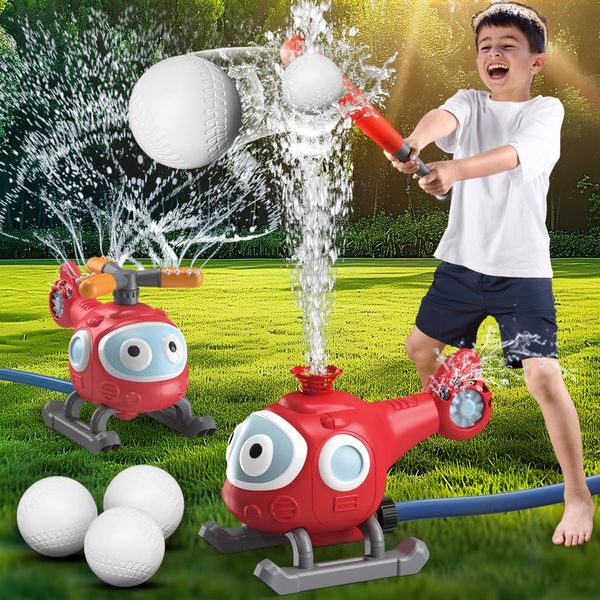 LUSTERMOON 2 in 1 Water Sprinkler Baseball Toy Set, Backyard Spinning Water Spray Toy, Summer Outdoor Sprinkler Toys T Ball Game Lawn Backyard Game for Kids (Airplane)