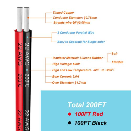 22 awg Silicone Electrical Wire 2 Conductor Parallel Wire line 200ft [Black 100ft Red 100ft] 22 Gauge Soft and Flexible Hook Up Oxygen Free Stranded Tinned Copper Wire