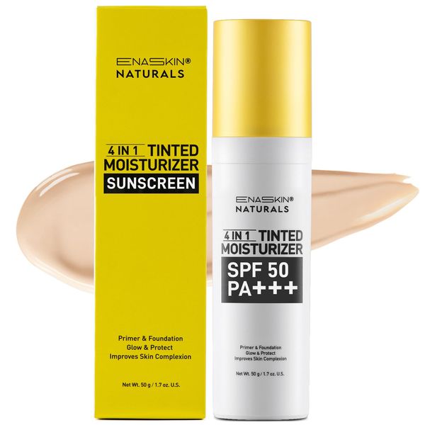 Tinted Moisturizer with SPF 50：Enaskin Naturals Face Tinted Sunscreen with Light Sheer Coverage, UVA/UVB Protection with Broad Spectrum PA+++ - 1.7 oz