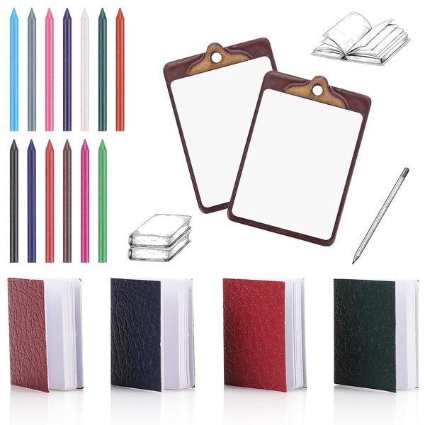 cobee Dollhouse Miniature Book Clipboard Crayon Set, 4 Pieces Mini Book with 2 Pieces Miniature Clipboard and 13 Pieces Crayon 1:12 Dollhouse Decor Set Doll House School Accessories Playset