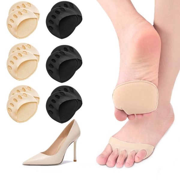 6 Paar Füßlinge Zehensocken damen Toe Socks Invisible Baumwolle Zehenkappe Vorfußpolster Schwarz Beige High Heel Kissen Schuheinlagen 36-39 39-42