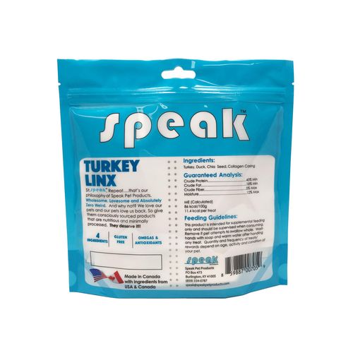 Speak Pet Products Treats Turkey Linx, Natural Gluten Free Low Calorie Training Treat Snacks with Duck Sausage, Perfect for Dogs, 8 Ounces