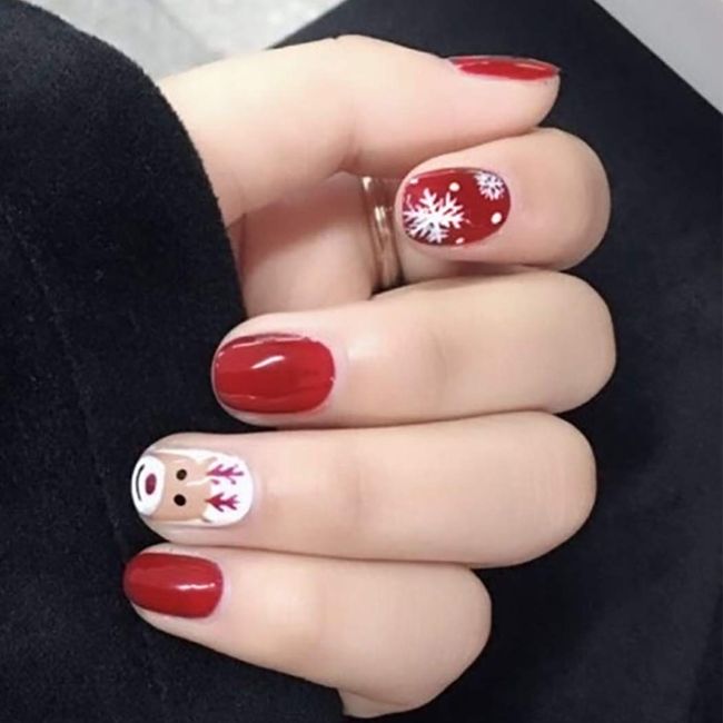 Brishow Coffin False Nails Short Fake Nails Christmas Decoration Snow Elk Acrylic Press on Nails Full Cover Stick on Nails 24pcs for Women and Girls (Red)
