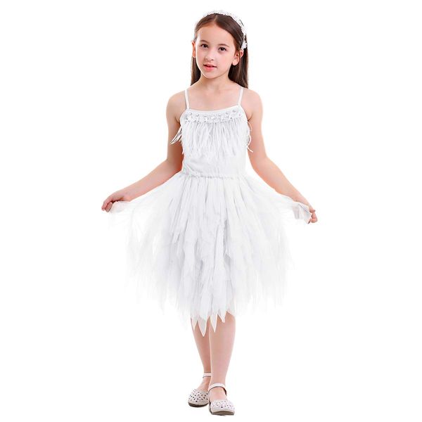 Kids Girls Spaghetti Strap Lace Feather Fringes Tutu Tulle Swan Princess Dress Ruffles Backless Ballet Leotard Dance Skirted Pageant Party Wedding Formal Birthday Cake Short Tiered Gown White 12-18M