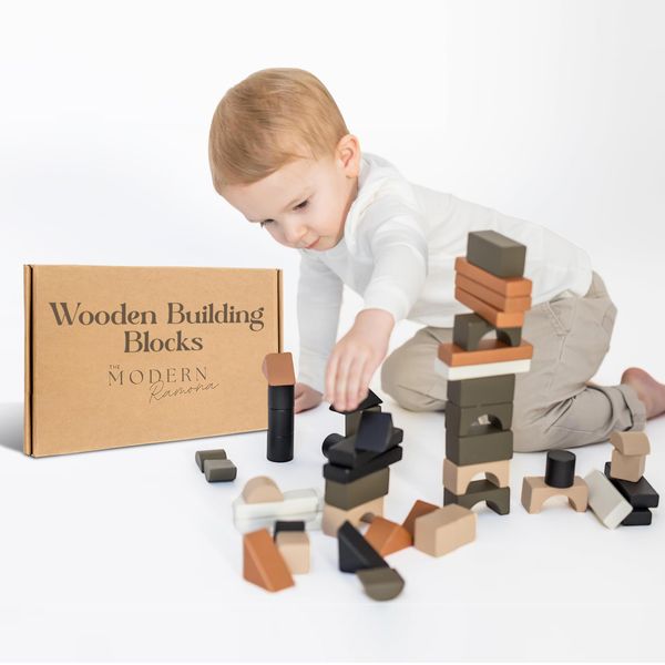 Wooden Building Blocks for Toddlers - Kids Stacking Blocks | 46 Pieces Wooden Blocks | Assorted Shapes Toddler Blocks | Toddler Building Blocks | Wood Blocks for Kids | Wooden blocks for toddlers 1-3