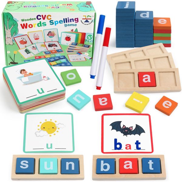 Wooden Reading Letters CVC Word Spelling Games Short Vowel Sight Words Flash Cards Preschool Kindergarten Learning Activities Educational Toys Kids Gift for 3 4 5 Years Old Kids