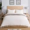 Bohemian Boho Chic Ivory Macrame Tassel 3 pc. Full/Queen Size Bed Bedding Duvet Comforter Cover and Sham Set Solid Cream Off White Cotton Fringe Textured Tufted Luxury Minimalist Farmhouse Indie