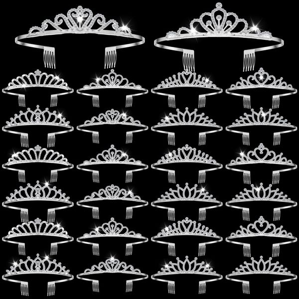 Yuefunny 24 Pcs Crystal Tiara Headbands for Women Princess Headband Girls Crown with Combs Crown Headband for Pageant Bridal Prom Party Gifts (Silver,Modern)