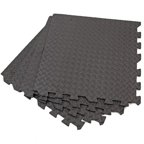 Actiasmat - Interlocking EVA Gym Floor Tiles, Black Diamond Plate Pattern | Multiple Pack (5, Black, 80sqft)