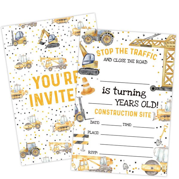 20 Pcs Construction Birthday Party Invitations with Envelopes, Truck Party Invite, Birthday Party Invitation Cards for Girls Boys, Birthday Party Supplies - SR09