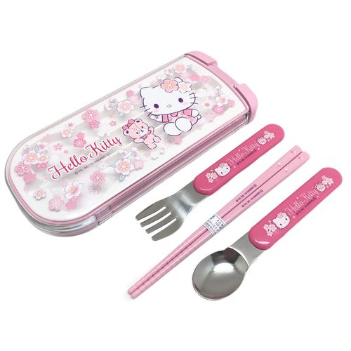 OSK CT-20 Hello Kitty Cutlery Set, Sakura, Pull, Trio, Chopsticks, Spoon, Fork, Made in Japan, Sliding, Dishwasher Safe, Easy to Use, For Girls, Children, Elementary School Students