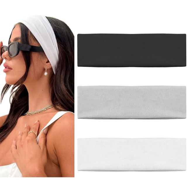 3 Stück Haarband,Yoga Headbands,Elastische Haarbänder,rutschfest Haarband Damen,Schweiß Haarbänder,für Sport, Yoga, Tanzen, Laufen, Radfahren(Schwarz Weiß Grau)