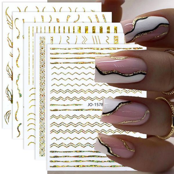 9 Sheet Gold Line Nail Art Stickers 3D Self-Adhesive Metal Nail Decal Laser Gold Flower Leaf Butterfly Flame Design Nail Art Supplies for Women Acrylic Nail Decorations Accessories