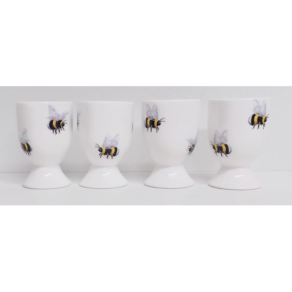 Bees Egg Cups Set 4 Fine Bone China Bumblebee Hand Decorated in UK