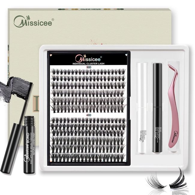 Wimpern Extensions Set, Missicee Falsche Lash Extension Set für Wimpernverlängerung mit Lang Anhaltende Einzelne Wimpern Kleber und Schuzter &Pinzette für Wimpernverlängerung（30D+40D 8–12 mm D Curl）…