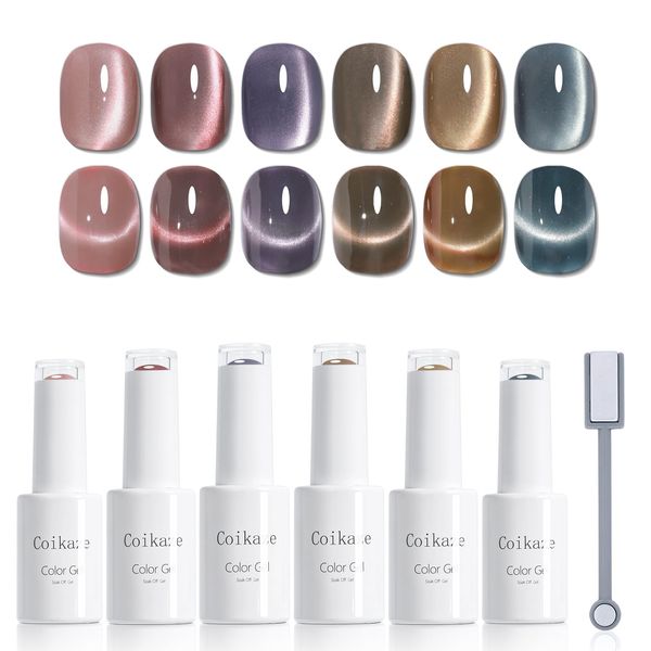 Coikaze Magnetic Nails, Fine Particles, Gel Nail with Magnets, Color Gel, Cat Eye, Dull Color, Cat Eye Gel, UV/LED Compatible, 6 Color Set, Self Nail, Gel Nail Set (Ultra Delicate Mirror Magnetic Gel)