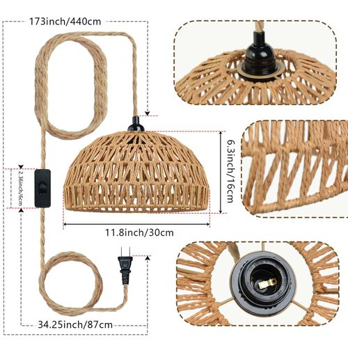 kolnlala 1PC Bohemian Farmhouse Rattan Chandelier, Hand-Woven Wicker Ceiling Light with Switch, DIY Hanging Pendant Lamp for Kitchen Island Dining Room Bedroom Living Room Foyer (Brown)
