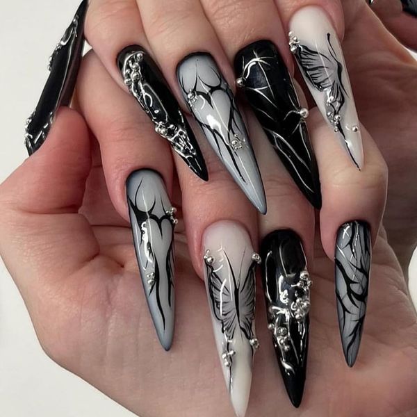 24 PCS Stiletto Press on Nails Long False Nails Glossy Black Fake Nails Full Cover Stick on Nails with Butterfly Designs for Women and Girls Party Decoration