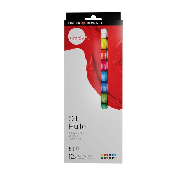 Daler-Rowney Simply Oil Paint, Aluminium Tube, 0.41oz - 12 ml, Cardboard Box, Set, 12 Assorted Colours