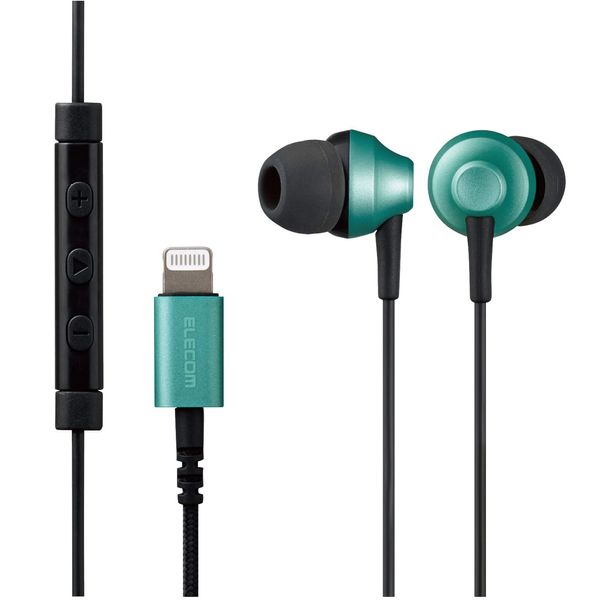 Elecom EHP-LFS12CMGR Stereo Earphones, In-Ear Type, Lightning Earphones, With Microphone, Fast Music LFS12C, 0.4 inches (10.0 mm), Heavy Duty Cable, Green, 4.7 ft (1.2 m)