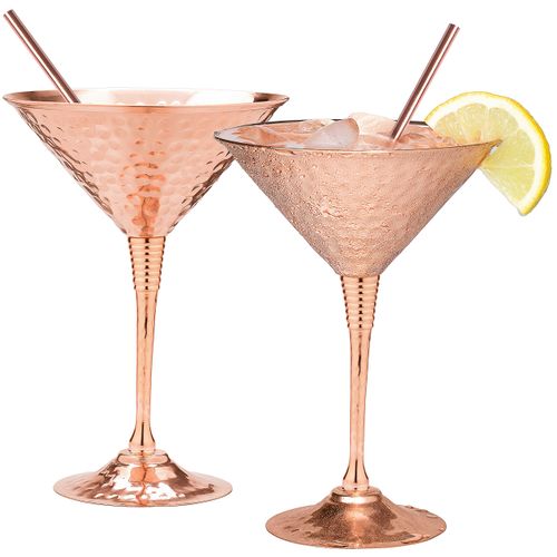 Copper martini glasses set of 2 by Mosscoff – 9.5oz Hand hammered solid copper goblets with exquisite reinforcement ring. – Bonus pure copper straws – A gift set Valentine's day no one can resist