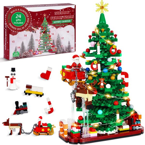 Christmas Tree Building Blocks for Kids Adult Teen, 2024 Advent Calendar Holiday Mini Christmas Tree Decorations Toys for Kids, Christmas Surprise Advent Calendar Gifts for Boys Girls