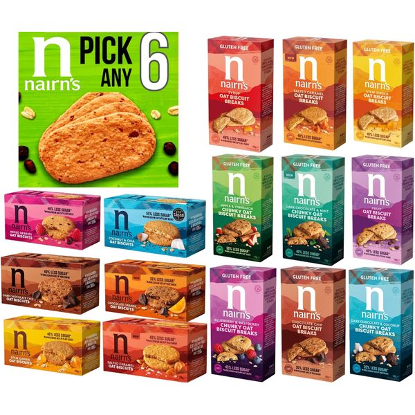 Nairn's PICK ANY 6 Gluten Free & Non Gluten Free Oat Biscuits. Flavours inc. Chocolate chip, cheese, fruit and seed, Stem Ginger, Mixed Berries, Salted Caramel, Apple & Cinnamon Chunky Etc. 0.16 kg…