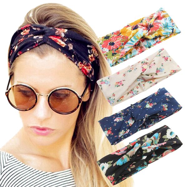 ELACUCOS Headbands for Women Criss Cross Boho Floal Style Head Bands for Women's Hair 4 Pack