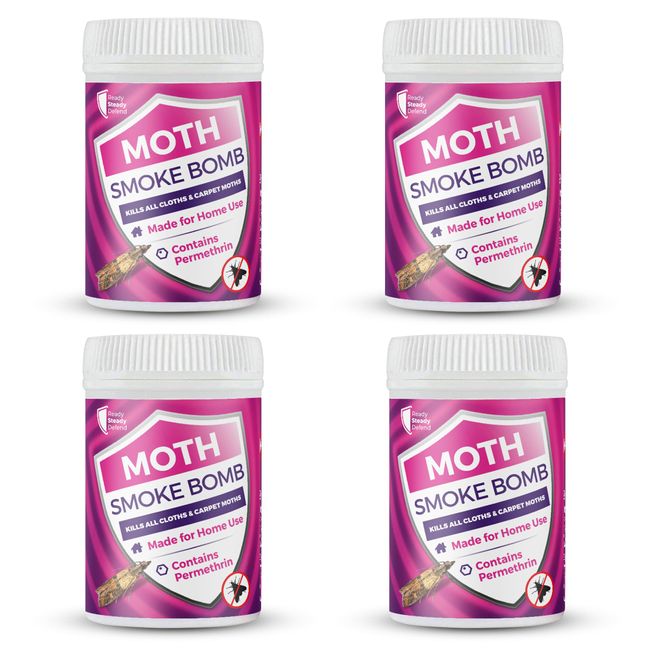 READY STEADY DEFEND Moth Smoke Bombs (Pack of 4) 13.25% Permethrin - Maximum Strength Carpet Moth Killer, Quick & Efficient, Thorough Coverage, Essential for Moth Treatment, Clean & Odourless