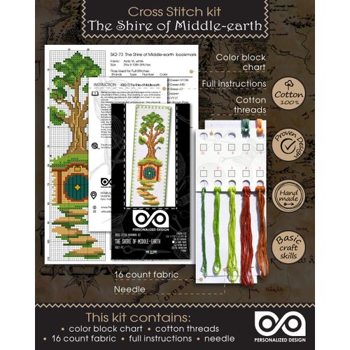 Personalized.Design Cross Stitch Kit 'Lord of The Rings: The Shire of Middle-Earth' - DIY Embroidery Bookmark with Pattern