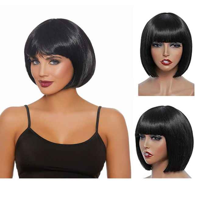 VAIRETY Short Black Bob Wig with Neat Bangs for Women, Shoulder Length Bob Wigs Synthetic Hair, Non Lace Front Wigs Full Machine Wigs for Women (1B)