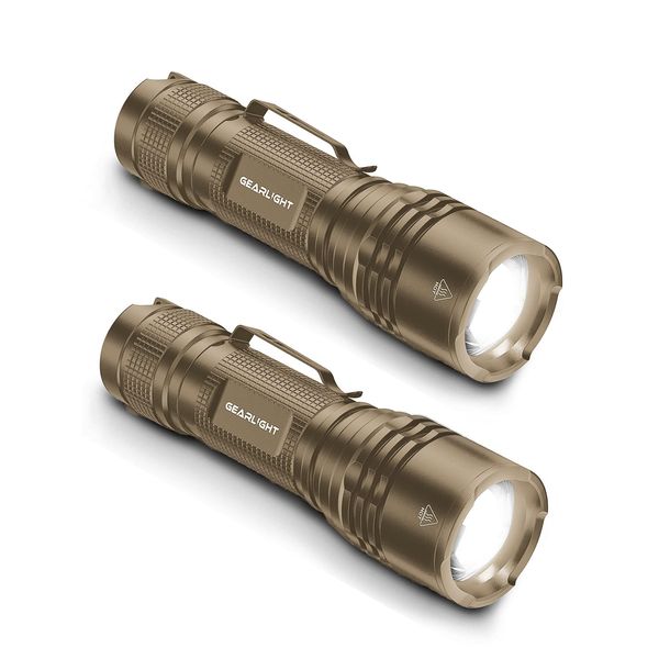 GearLight TAC LED Flashlight Pack - 2 Super Bright, Compact Tactical Flashlights with High Lumens for Outdoor Activity & Emergency Use - Gifts for Men & Women - Desert Tan