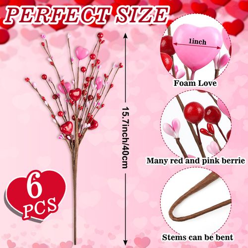 6 Pack Valentine’s Day Picks Artificial Berry Flower Stems Picks with Hearts for Valentines Day Decor and Gifts Wedding Anniversary Decorations(16inch Pink + Red)