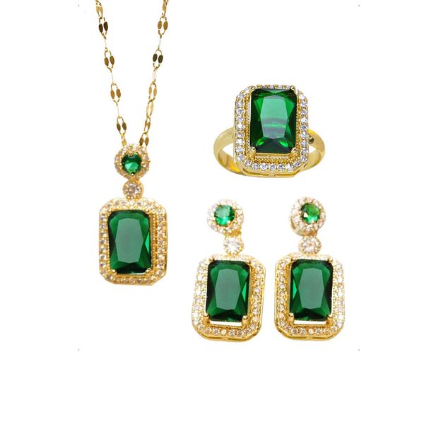 KONFEN Crystal Jewellery Set for Women, Green Crystal Necklaces Earrings Ring Set with Cubic Zirconia, 925 Post Dangle Earrings Necklace with Adjustable Ring 3PCS Jewelry Set Vintage for Women Girls