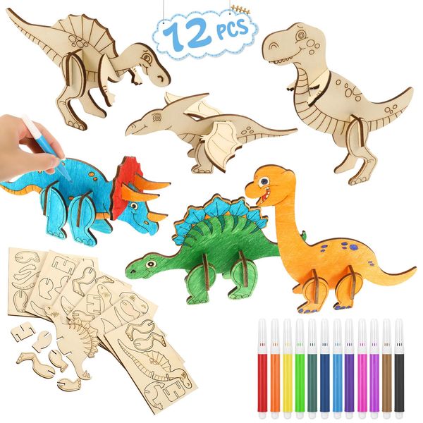 tiopeia 12 Stück Dinosaurier Holz Bastelset für Kinder Drachen Geburtstag,3D Puzzle Holz zum Bemalen und Basteln DIY Dino Holzbastelsets Kreative Kinderspielzeug Bemalen Handwerk für Jungen Mädchen