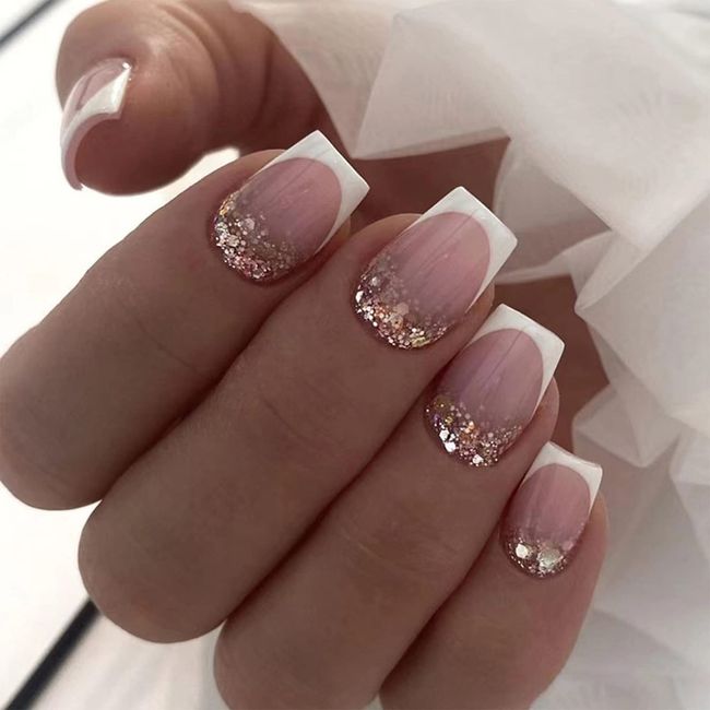 24pcs Short Square False Nails French Tip Stick on Nails White Edge Pink Press on Nails with Glitter Sequins Removable Glue-on Nails Acrylic Full Cover Fake Nails Women Girls Nail Art Accessories