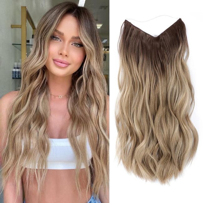 Ms Taj Invisible Secret Wire Extensions 50cm,mit Einstellbarer Größe Ombre Blonde Haarverlängerung Lange Synthetik mit Clips ein Stück lockiges Haarteile für Frauen