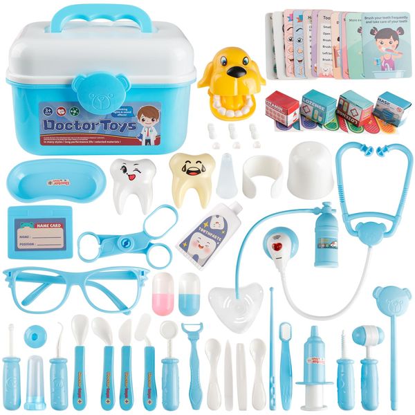 60pcs Doctors Set for Kids, Dentist Medical Toy Kit with Real Stethoscope, Pretend Play Doctor Role Play with Medicine Chest and Dental Accessories, Gifts for Boys Girls Kids Ages 3+ (Blue)